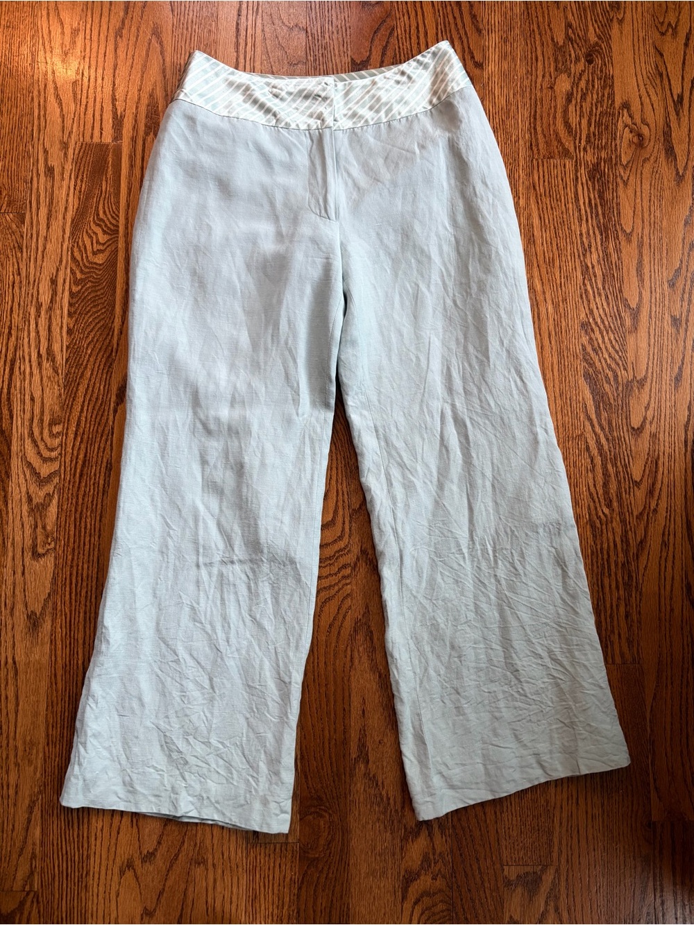 Boden Silk Linen Wide Leg Crop Pants Mint Seafoam Green Striped Waistband Size 8